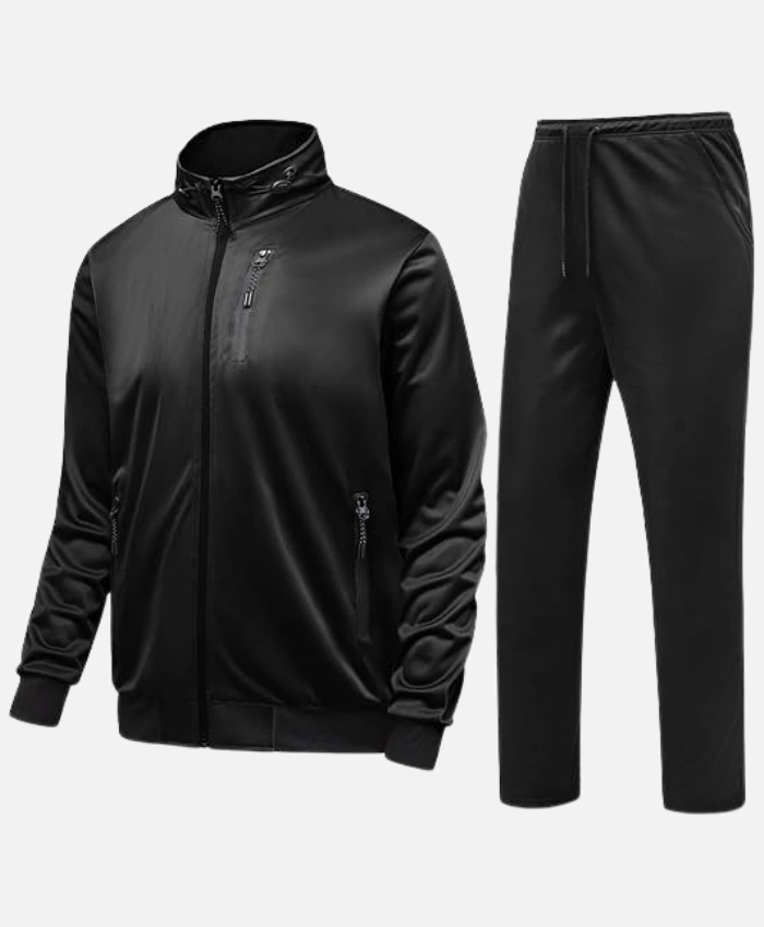 Men's Black Full Zip Tracksuit Set For Workout